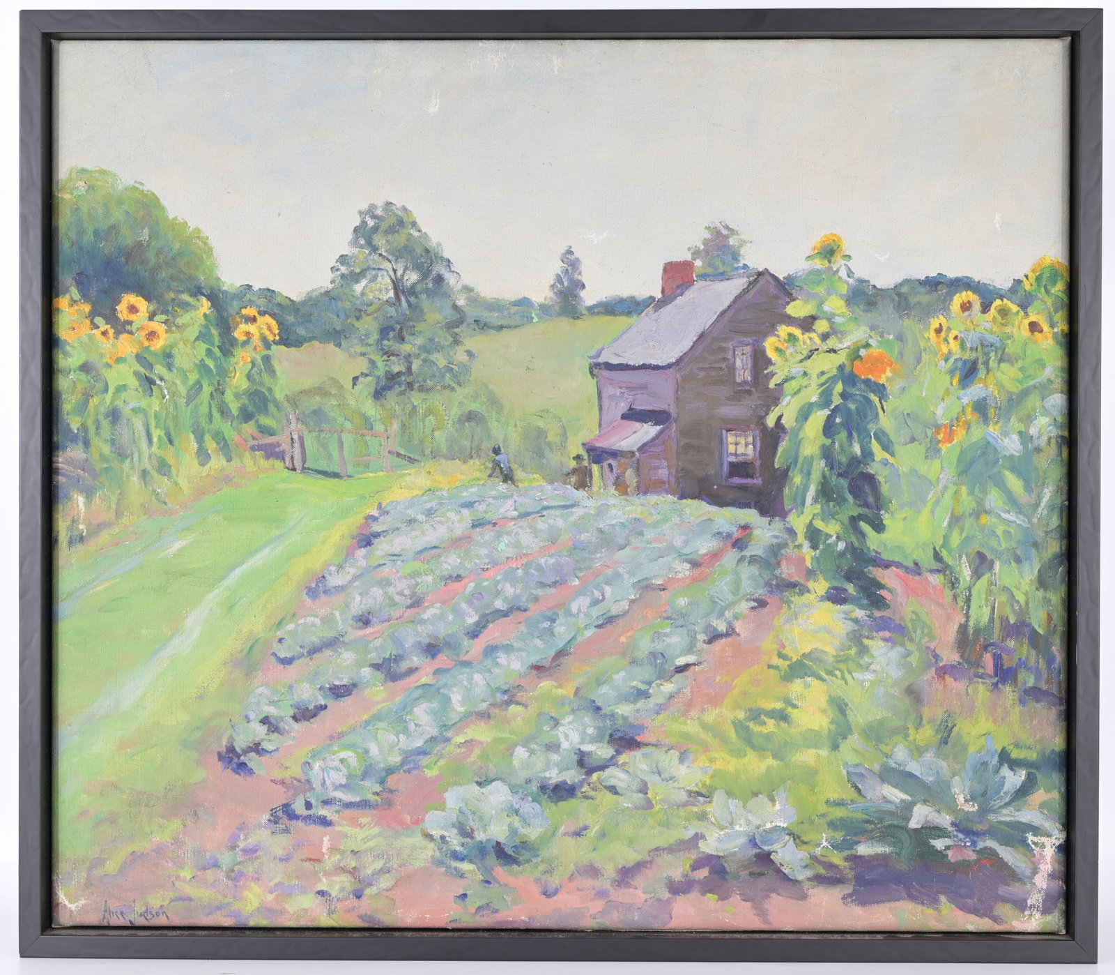 Alice Judson (New York, 1876 - 1948): Alice Judson (American, 1876 - 1948) Oil on Canvas painting of a sunflower garden with a house in the distance. Signed lower left. Sight Size: 24 x 27.5 in. Overall Framed Size: 25.5 x 29 in.