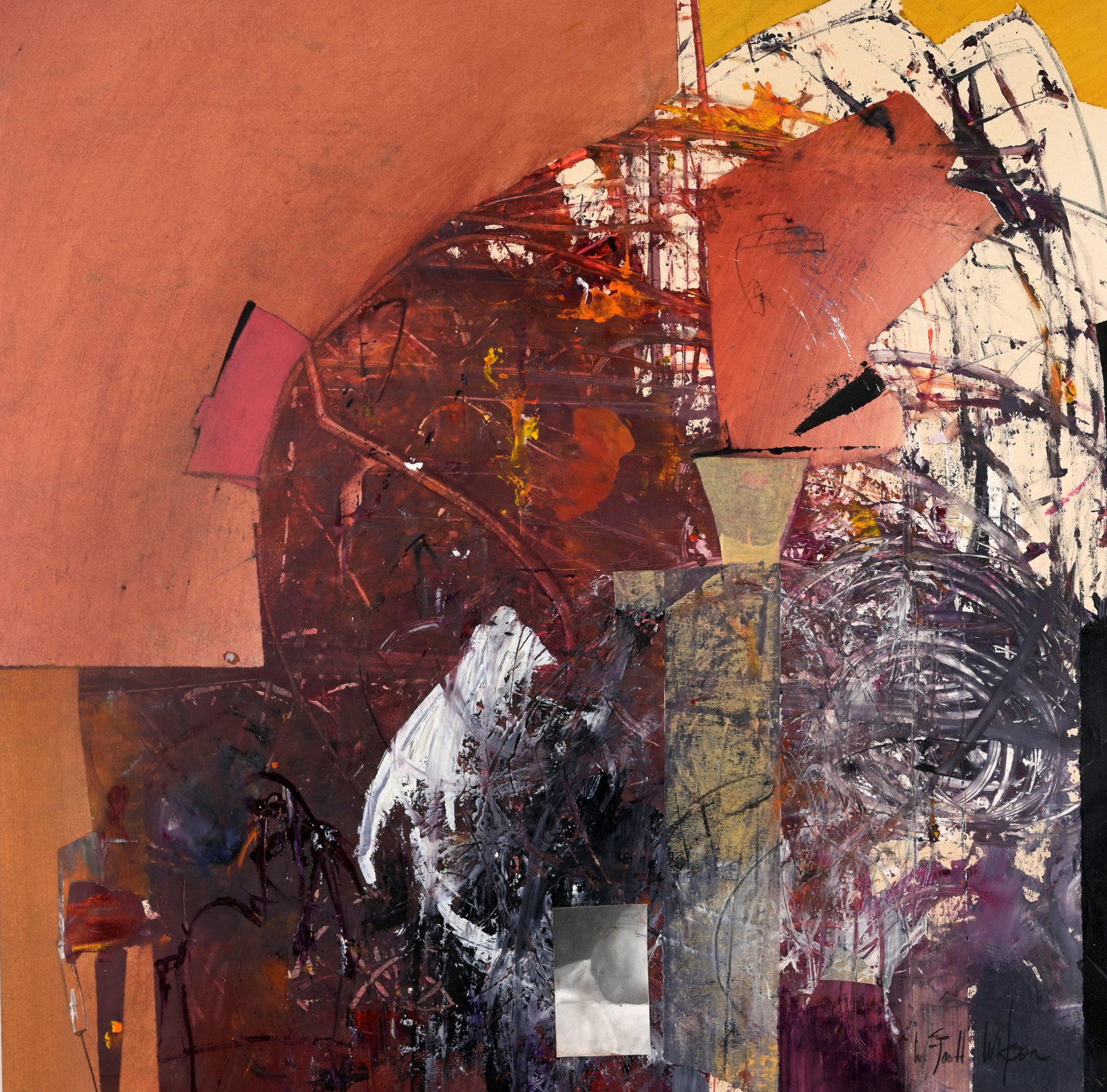 W. Scott Wilson (20th C.): W. Scott Wilson (20th C.) Mixed Media Collage. Signed lower right. Sight Size: 19 x 19 in. Overall Framed Size: 30 x 30 in. Framed behind glass.