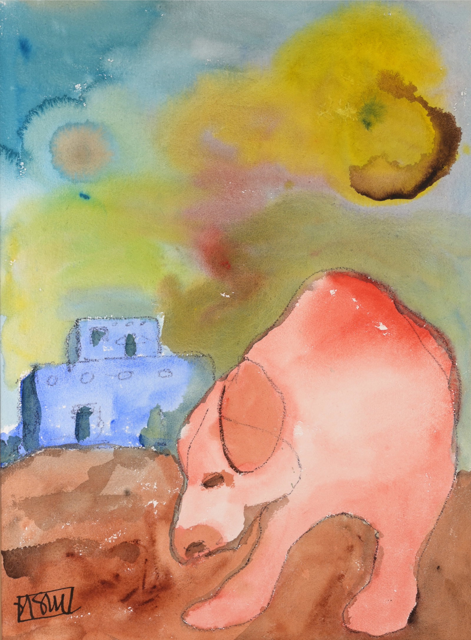 Signed, 20th C. Watercolor of Pink Dog: Watercolor on Wove Paper. Signed lower left. Sight Size: 27.5 x 20 in. Overall Framed Size: 36 x 28.5 in. Framed behind glass.