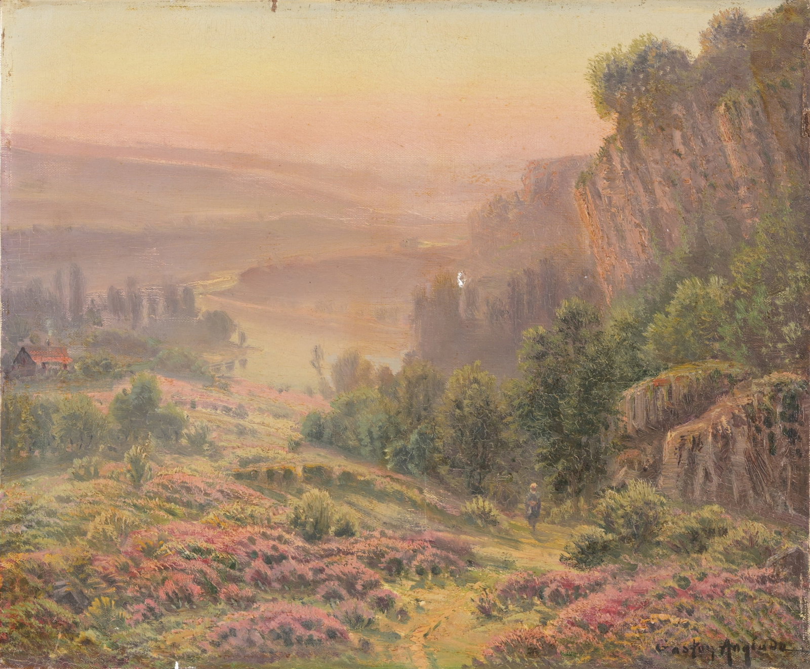 Gaston Anglade (French, 1854 - 1919): Gaston Anglade (French, 1854 - 1919) "Vallee de la Greuze" Oil on Canvas. Signed lower right. Provenance: purchased from Christie's (30 Jan 2008) Puncture near center of canvas. Size: 15 x 18 in.