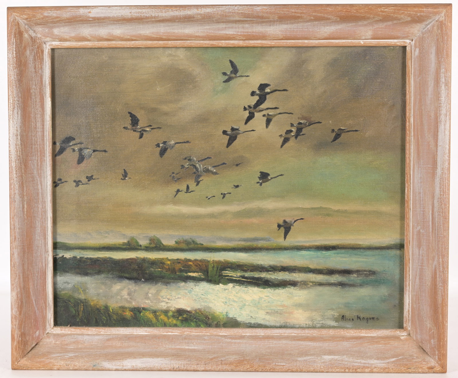 Attri. Alice Rogers (American, 1864 - 1951): Attributed Alice Rogers (Young) (American, 1864 - 1951) "Flying South" Oil on Canvas. Signed lower right. Sight Size: 16 x 20 in. Overall Framed Size: 20 x 24 in. Alice Rogers (Young) was born and liv