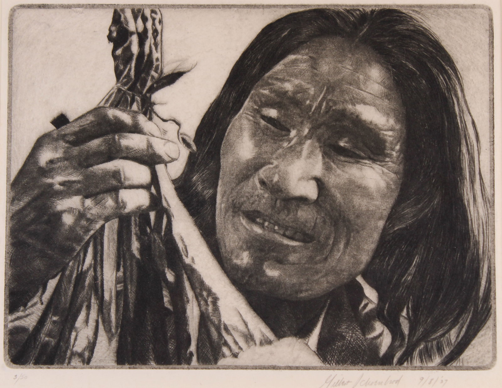 Gilbert Schoenbrod (American, 1903-1996) Hunter: Gilbert Schoenbrod (American, 1903-1996) Drypoint etching. Numbered (3/50) lower left. Signed and dated (37') lower right. Sight Size: 6 x 8 in. Overall Size: 14 x 15.5 in. Framed behind glass.