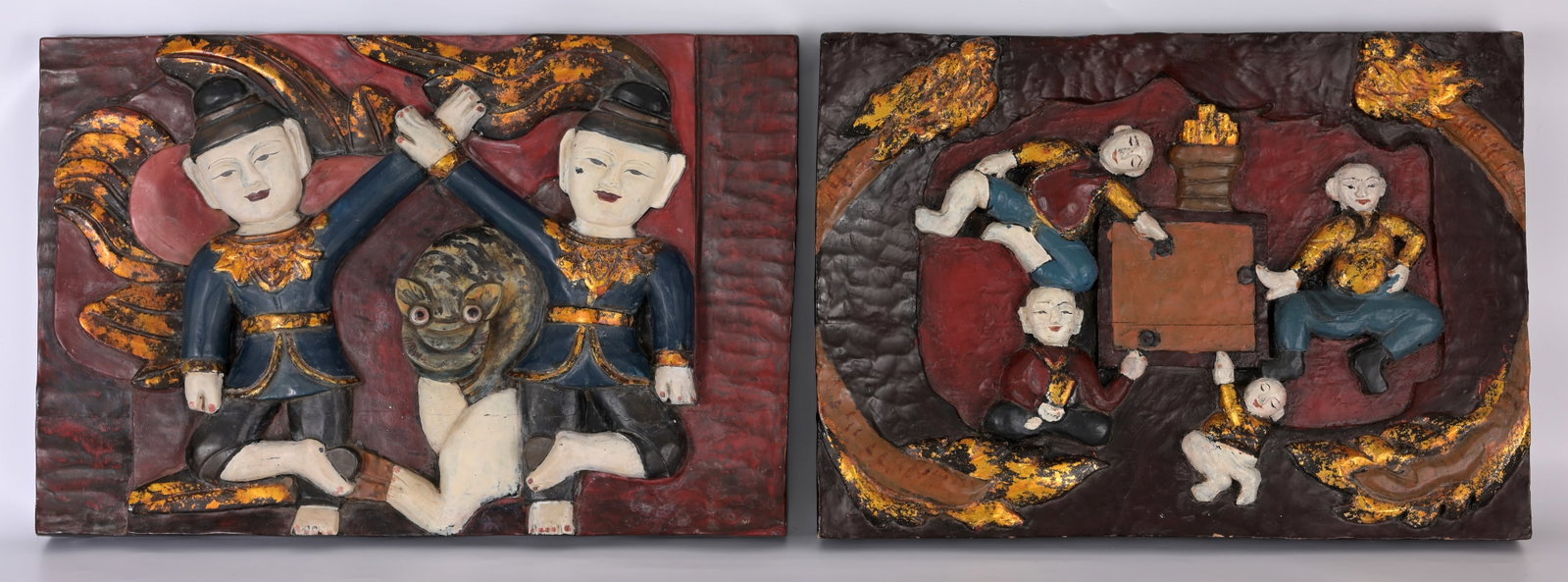 Antique Burmese Wood Carved Lacquered Panels: Antique Burmese Wood Carved Lacquered Panels Carving Sizes (L-R): 15.5 x 23.25 x 2 / 15.75 x 21.75 x 2.5 in.