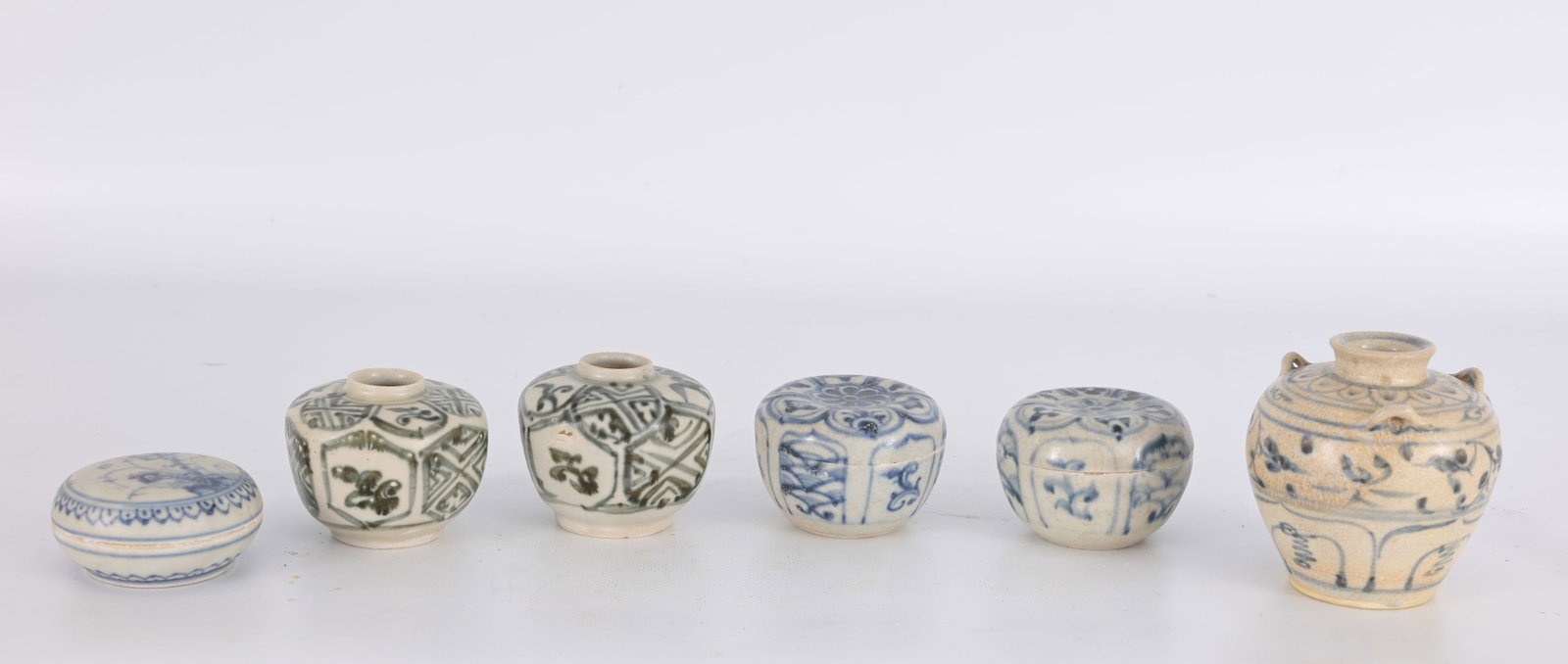 (6) Vietnamese Glazed Pottery Jars & Lidded Boxes: (6) Early Antique Vietnamese Glazed Pottery Jars and Lidded Cosmetic Boxes Tallest Height: 4.5 in.