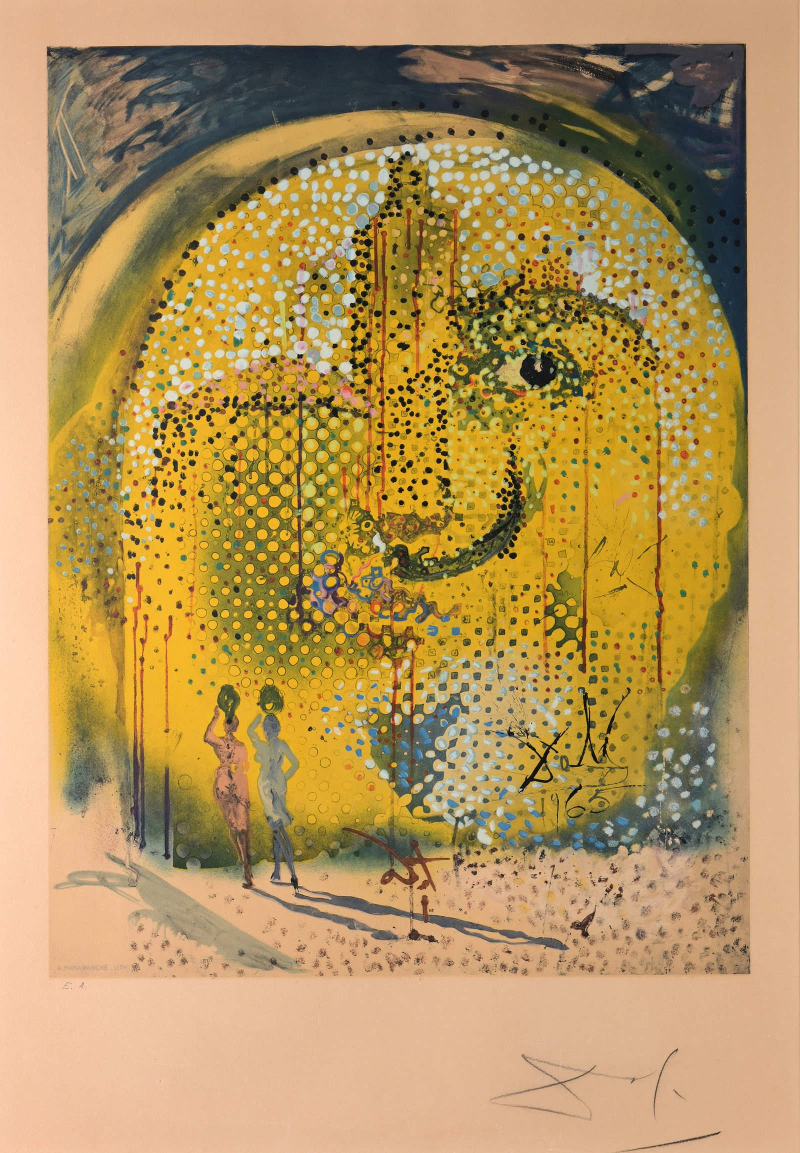 Dali - "Sol y Dali" - 1967: Salvador Dali (Spanish 1904 - 1989) "Sol y Dali" - 1967 Color Lithograph. Pencil signed and numbered (EA) lower margin. Image Size: 22 x 16.5 in. Overall Framed Size: 33.75 x 25.25 in. Framed behind