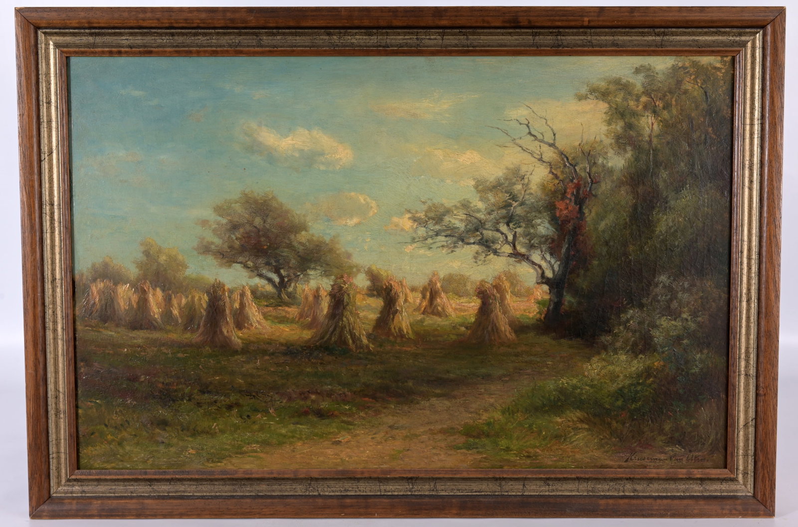 Hendrik Kruseman (Dutch, 1829 - 1904): Hendrik Dirk Kruseman van Elten (Dutch, 1829 - 1904) Hay Stacks Oil on Board. Signed lower right. Sight Size: 13.5 x 21.75 in. Overall Framed Size: 16.75 x 24.75 in.