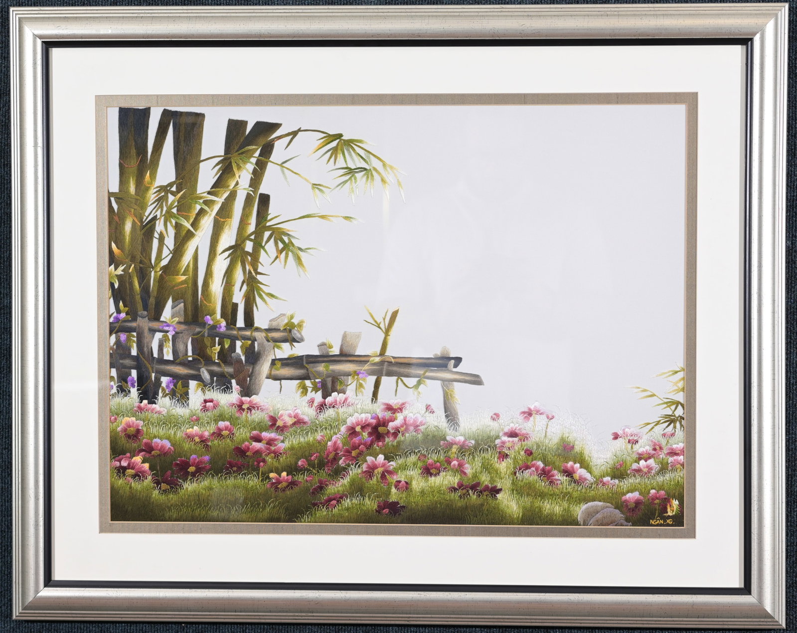 Ngan - XQ Hand Embroidery: Ngan XQ Hand Embroidery. Signed lower right. Sight Size: 18.5 x 25.5 in. Overall Framed Size: 27.5 x 34 in. Framed behind glass. The Company Founders: XQ was originally established in the 1990s by