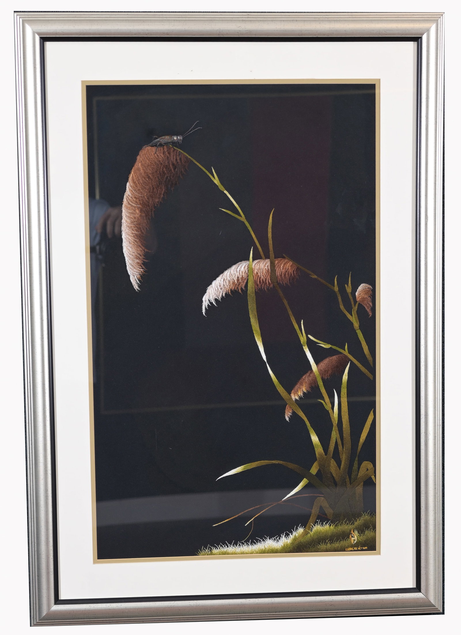 Huong - XQ Hand Embroidery: Huong XQ Hand Embroidery. Signed lower right. Sight Size: 30 x 18 in. Overall Framed Size: 39.5 x 27 in. Framed behind glass. The Company Founders: XQ was originally established in the 1990s by the