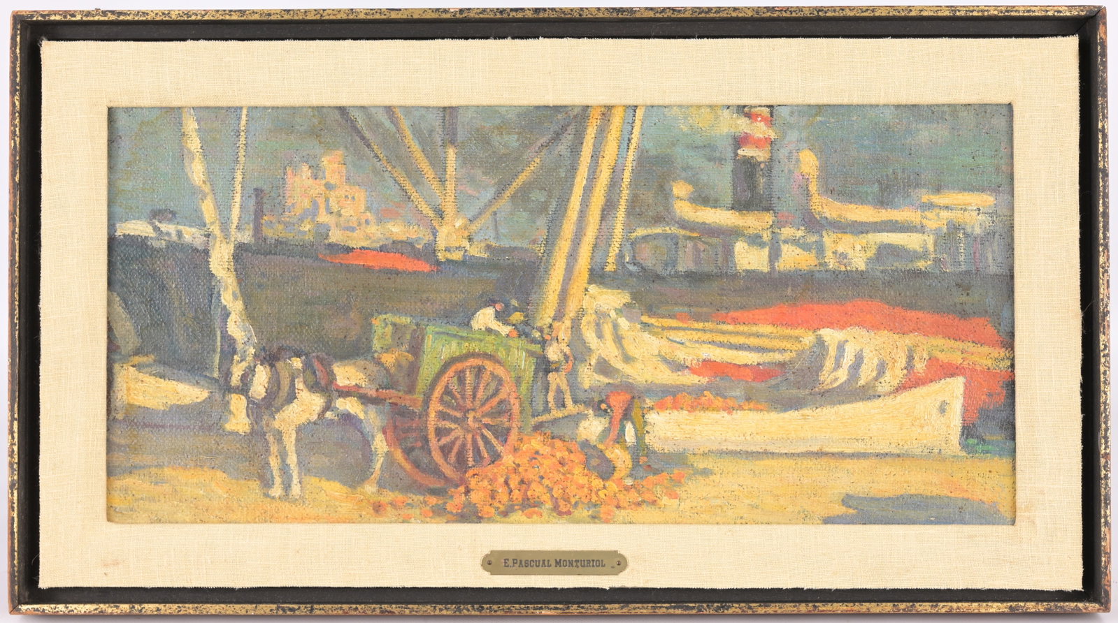 Enrique Pascual Monturiol (Spain, 1886-1934): Enrique Pascual Monturiol (Spain, 1886-1934) Harbor Scene with Figures. Oil on canvas. Sight Size: 9 x 19 in. Overall Framed Size: 12.5 x 22 in.