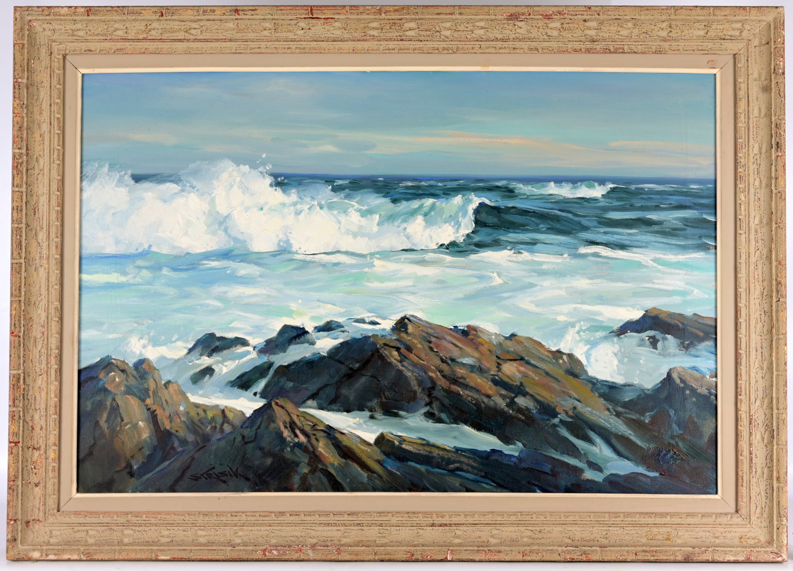 Paul Strisik (American, 1918 - 1998): Paul Strisik (New York, Massachusetts, 1918 - 1998) Rough Coastal Seascape Oil on Canvas. Signed lower left. Sight Size: 24 x 36 in. Overall Framed Size: 30.5 x 42.5 in.