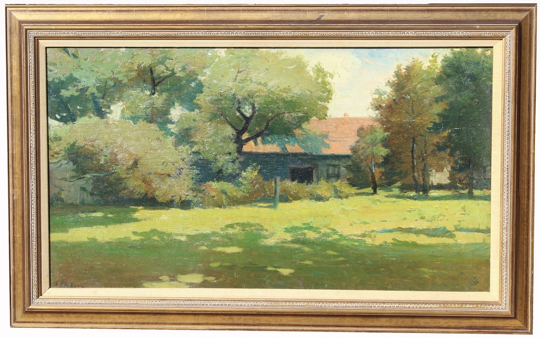 Frank Rehn (American, 1848 - 1914): Frank Knox Morton Rehn (Pennsylvania, Massachusetts,1848 - 1914) Painting of a spring landscape with shadows in the foreground. Oil on canvas. Signed lower left. Sight Size: 15 x 28 in. Overall Size: