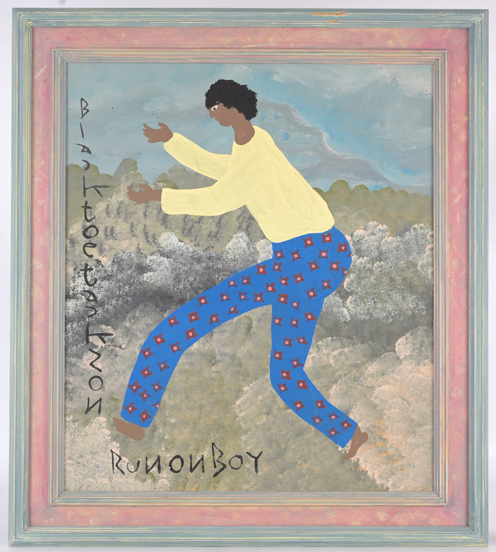 Black Joe Jackson (1922 - 1997) "Runon Boy": Black Joe Jackson (American, 1922 - 1997) "Runon Boy" Oil on Board. Signed and titled along border. Sight Size: 24 x 21 in. Overall Framed Size: 30 x 26.5 in.