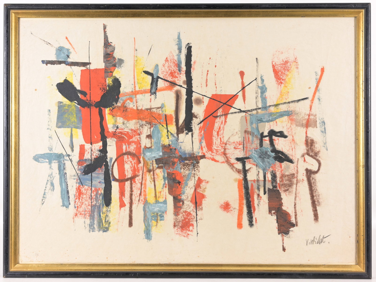 John Von Wicht (New York, 1888 - 1970): John Von Wicht (New York/Germany, 1888 - 1970) Abstract composition. Oil/mixed media on paper. Signed lower right. Sight Size: 18 x 25 in. Overall Framed Size: 20 x 27 in. Framed behind glass.
