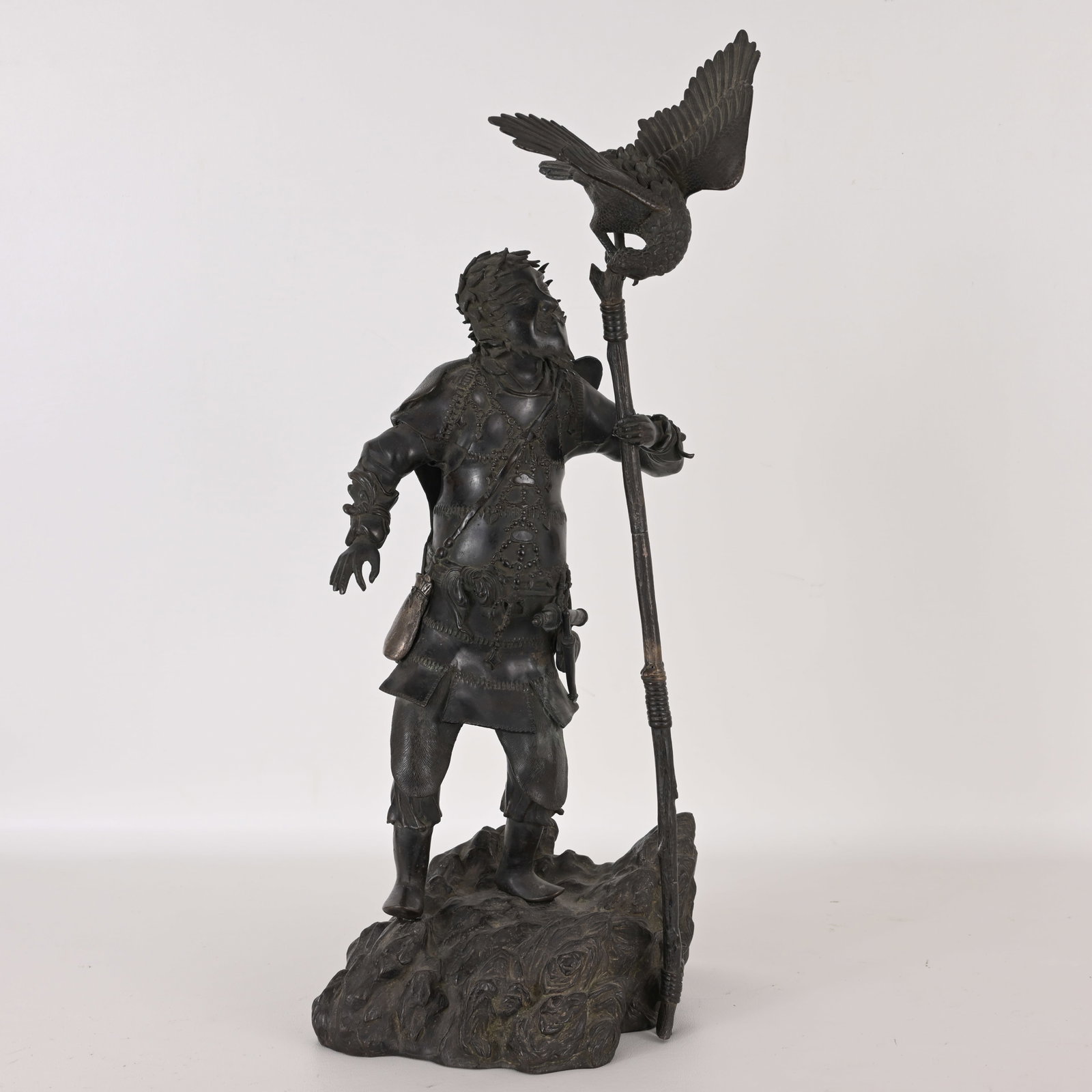 Japanese 19th Century Bronze Falconer: Japanese 19th Century Bronze Falconer Dimensions: 24.75 x 10.5 x 8.25 in. Weight: 30 lbs.