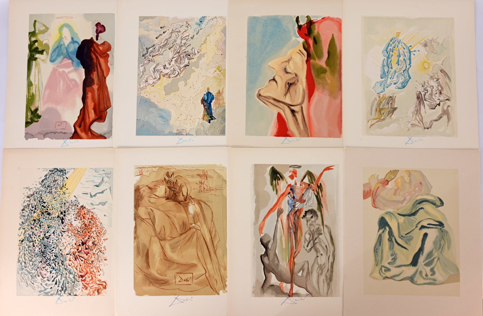 (8) Dali - The Divine Comedy: Salvador Dali (Spanish, 1904 - 1989) Color Woodcuts. (7/8) Signed in Color Pencil lower margin. Top Row (L-R) - Purgatory Canto 7: Sordello and the Misfortunes of Kings (or The Valley of Kings) -