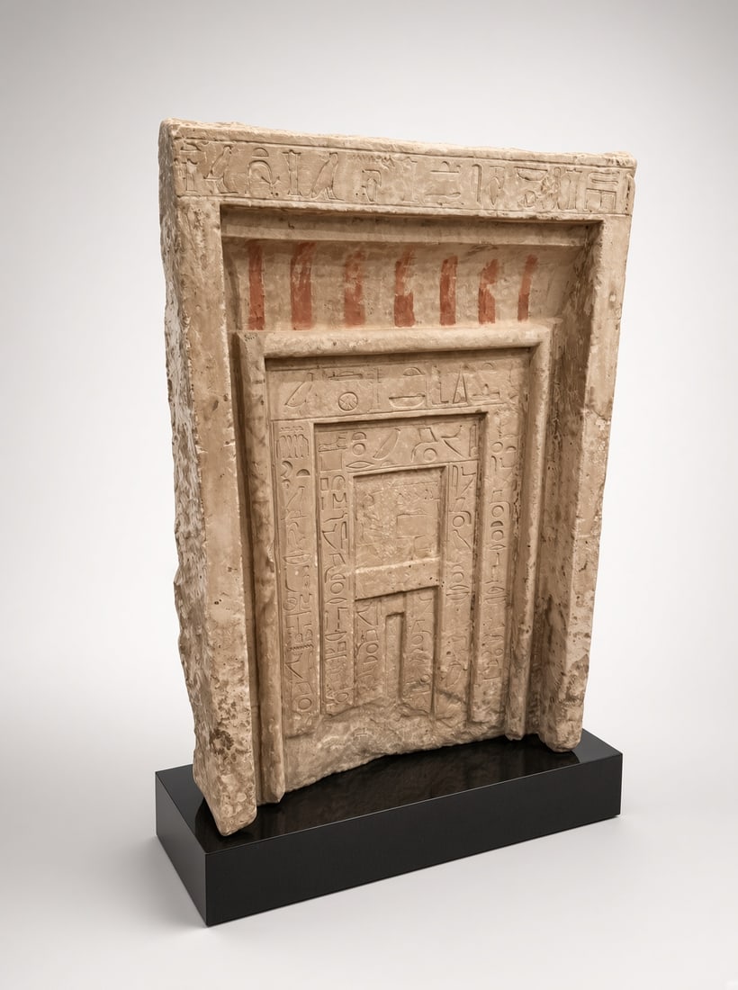 Rare Egyptian Limestone False Door, 6th Dynasty: A large and important Egyptian painted limestone false door for Khnumetkhuit Old Kingdom, 6th Dynasty, circa 2360–2195 B.C. Height: 42 5/8 in. (108.3 cm); Width: 28 in. (71.1 cm); Depth: 7 in. (17.8