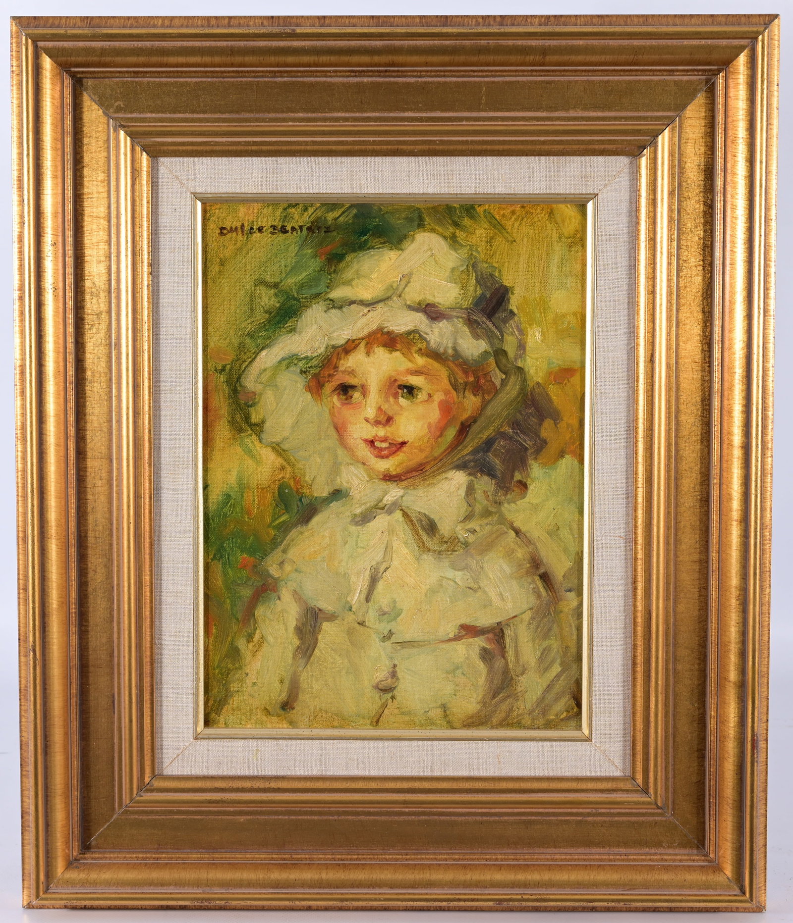 Dulce Beatriz - "Girl with White Hat": Dulce Beatriz (Cuban, 1931 - 2021) "Girl with White Hat" Oil on Board. Signed upper left. Sight Size: 12 x 8.75 in. Overall Framed Size: 19.75 x 16.75 in.
