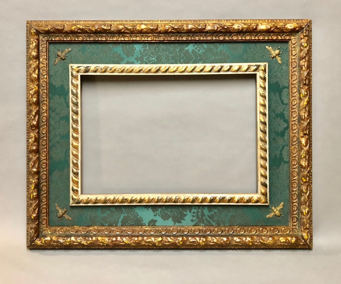 Carved Gilt, w/ Applied Bees and Fabric Wood Frame: 20th Century Carved and Gilt, with Applied Bees and Fabric Wood Frame. Rabbet Size: 11.5 x 17 in. Overall Framed Size: 21.5 x 26.5 in.