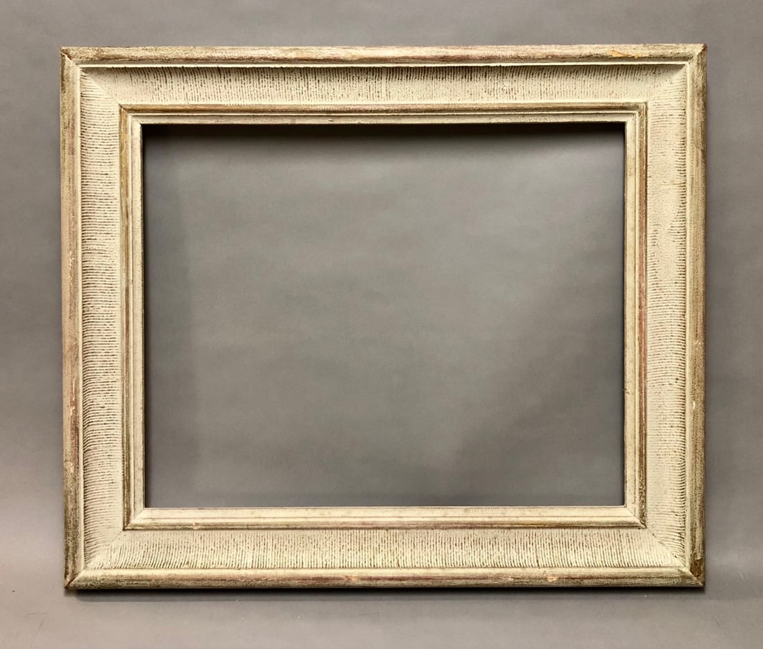 Modernist Carved and White Washed Wood Frame: Mid-Century Modernist Carved and White Washed Wood Frame. Rabbet Size: 16 x 20 in. Overall Framed Size: 21 x 25 in.