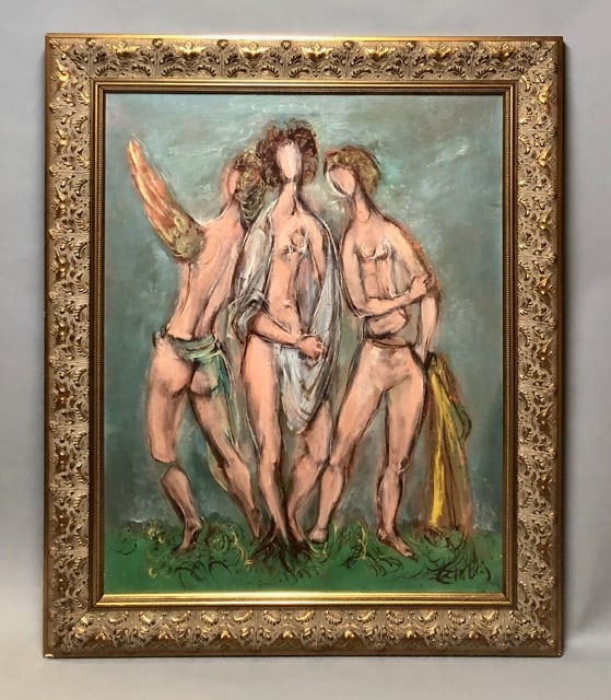 Frederic Taubes (American, 1900 - 1981): Frederic Taubes (American, 1900 - 1981) Angel, Three Nude Women - 1974 Oil on Canvas. Signed lower right. Sight Size: 30 x 24 in. Overall Framed Size: 36 x 30 in. Illustrated in "Obsession and fantasy