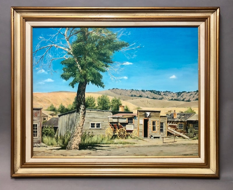 R. Hajek (American, 20th C): R. Hajek (American, 20th Century) Western Town Oil on Canvas. Signed and dated (1962) lower right. Sight Size: 22.25 x 28.25 in. Overall Framed Size: 28.25 x 34.25 in.