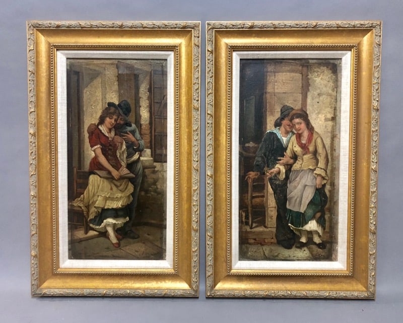 (2) Italian School, 19th Century: Italian School, 19th Century Courting Couples, air of Paintings Oil on Canvas. Each signed lower right. Sight Sizes: 16.5 x 8.5 in. Overall Framed Sizes: 21.75 x 13.25 in.