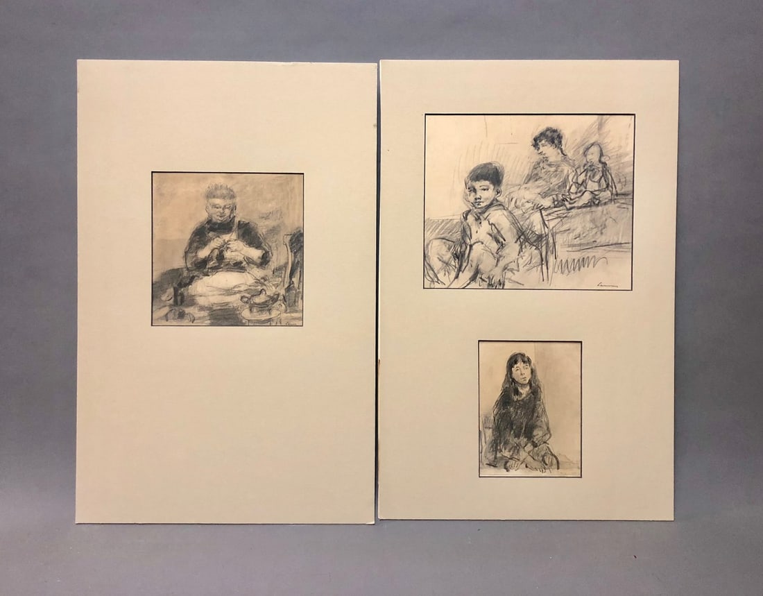George Lammens (French, 1887 - 1957): George Lammens (French, 1887 - 1957) A lday knitting, woman with two children and a seated girl - Three Drawings Black Chalk on Paper. Each signed lower right. Largest Sight Size: 7.5 x 8.75 in. Matt 