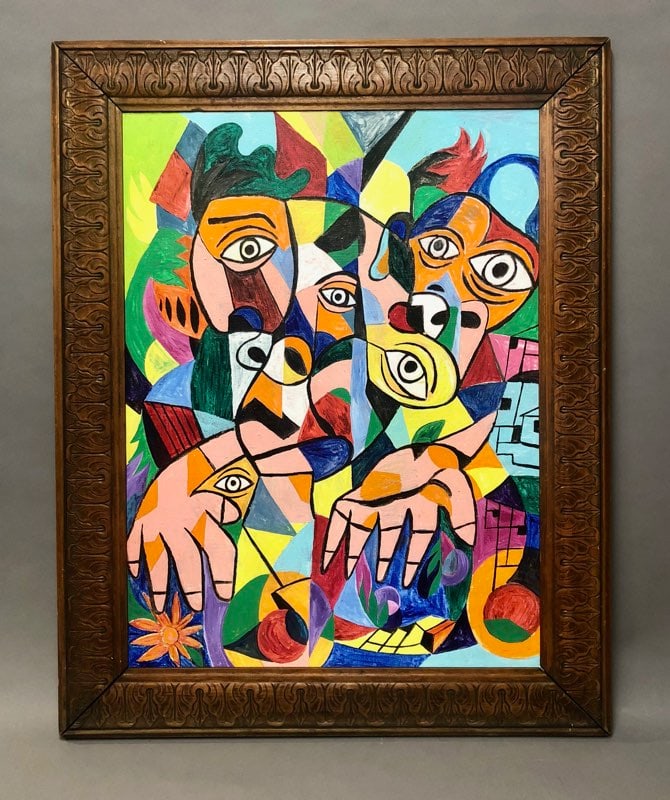 David Pickett (American, 20th Century): David Pickett (American, 20th Century) Cubist Figures Oil on Canvasboard. Signed, dated (May 1980) and dedicated to "Marie Alm" Sight Size: 24 x 18 in. Overall Framed Size: 29.5 x 23.5 in.