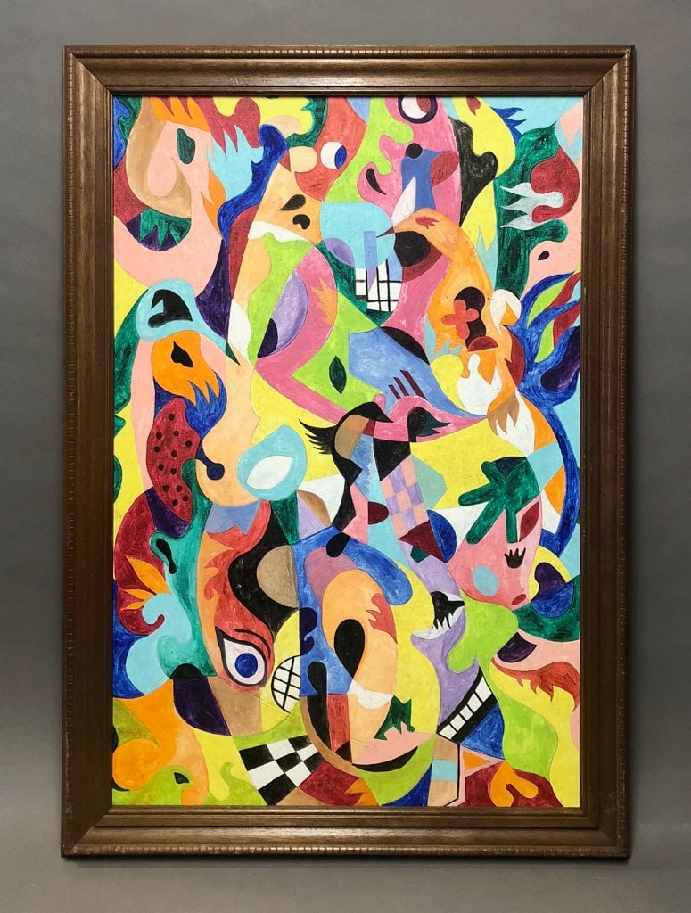 David Pickett (American, 20th Century): David Pickett (American, 20th Century) Cubist Figures Oil on Canvasboard. Sight Size: 30 x 20 in. Overall Framed Size: 33.5 x 23.5 in.