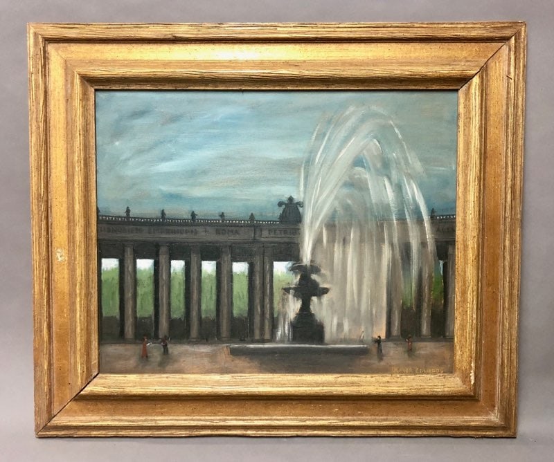 Beaver Edwards (American, 20th Century): Beaver Edwards (American, 20th Century) Bernini's Collonade and Fountain, Rome Oil on Canvas Board. Signed lower right. Signed and titled verso. Sight Size: 16 x 20 in. Overall Framed Size: 22.5 x 26.