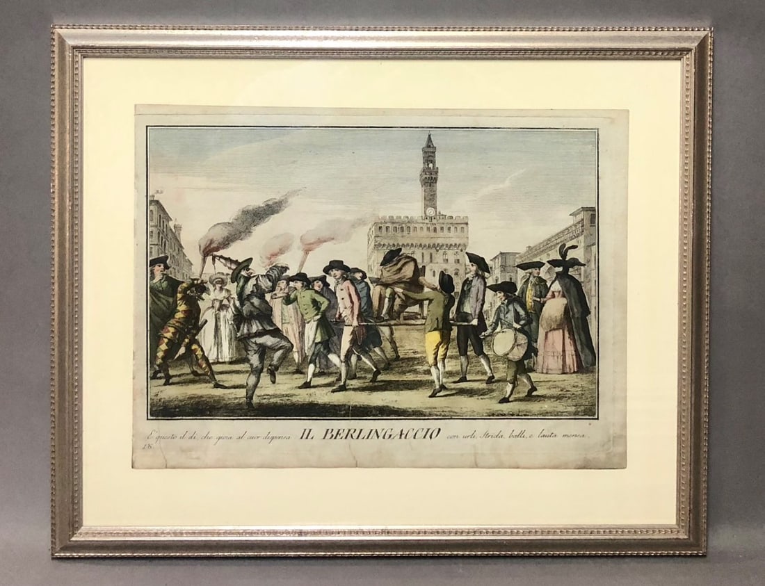 18th Century Italian Hand Colored Engraving: 18th Century Italian Hand Colored Engraving depicting "IL Berlingaccio". Sight Size: 11.5 x 15.75 in. Overall Framed Size: 17 x 21 in.