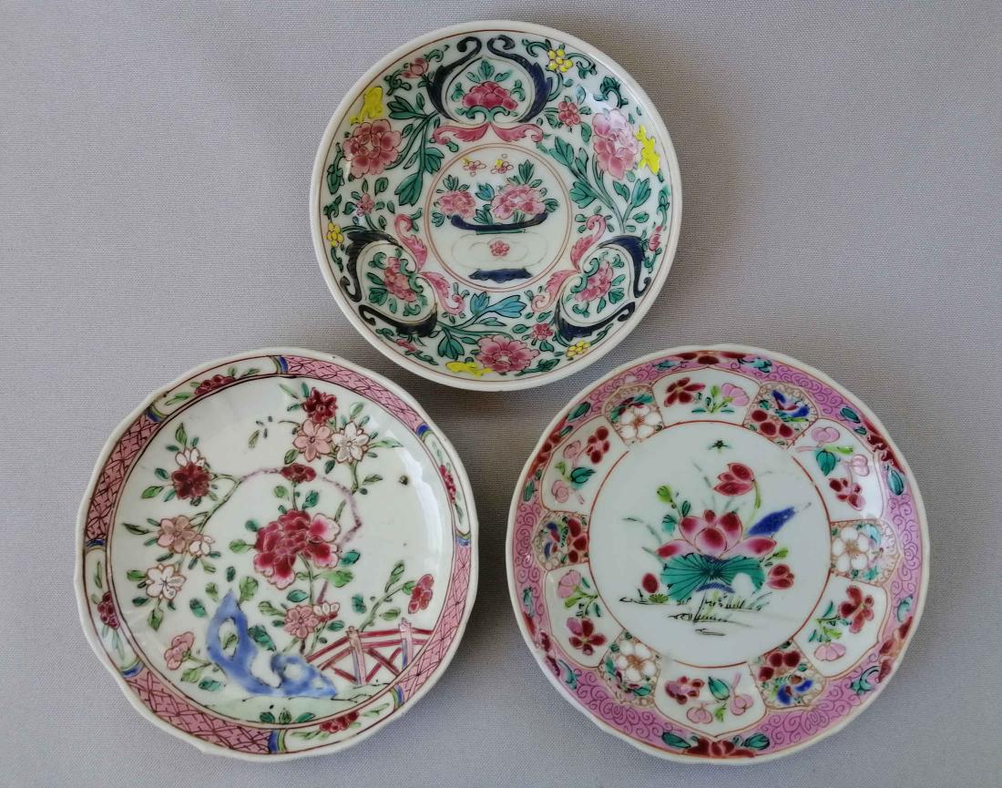 THREE PIECES OF 18TH C EXPORT ROSE FAMILLE DISHES. (1 of 9)