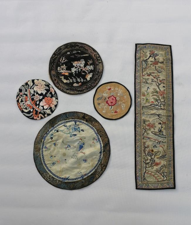 Five pieces Chinese Qing embroidered silk panels (1 of 9)