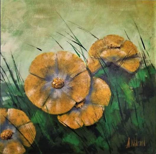 Painting On Canvas Signed A. Wilson "Yellow Flowrs: Painting On Canvas Signed A. Wilson "Yellow Flowrs" Approximate Measurements: 37 x 37. This painting will be sent on a tube.