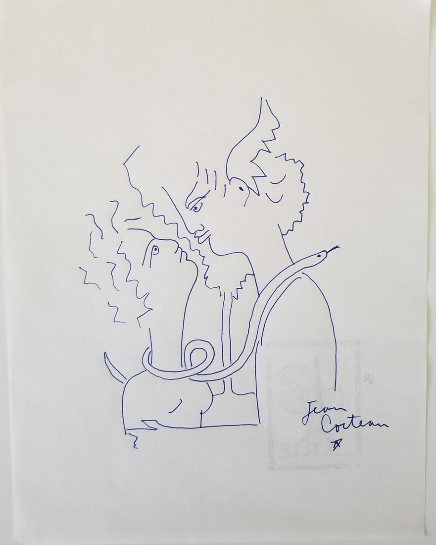 Jean Cocteau Ink on Paper: Jean Cocteau was an enormously influential French artist and writer known as one of the major figures of Dada and Surrealism. With an oeuvre that spanned painting, novels, poetry, plays, and films, Co
