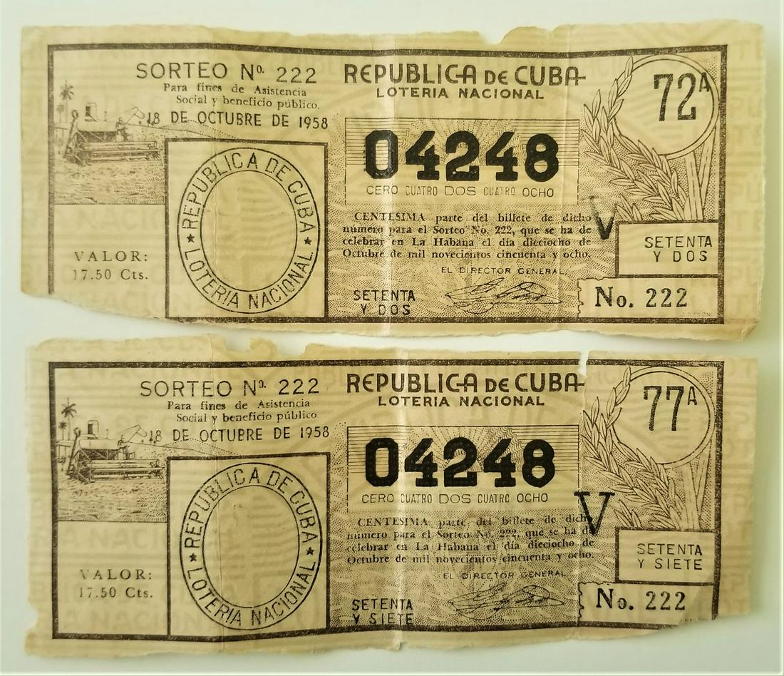 Two Old Lottery Tickets. Cuba 1958: Two Old Lottery Tickets. Cuba 1958
