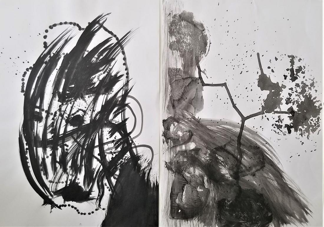 Set of  2 Abstract Painting On Paper Signed. (1 of 2)