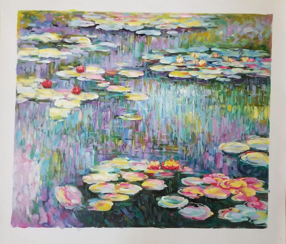 Monet Abstract Oil Painting: Monet Water Lilies Style Abstract Oil Painting on canvas. Unstretched canvas. This painting is being sold in the manner of the artist. The painting does not have a Certificate of Authenticity, provide