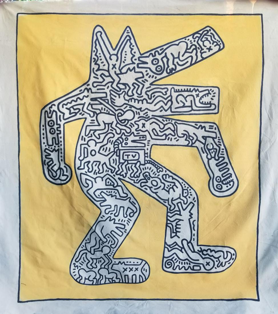 XL Keith Haring Painting on Canvas: XL Keith Haring painting on canvas unstretched. This painting is being sold in the manner of the artist. The painting does not have a Certificate of Authenticity, providence, or other documents. Sold 