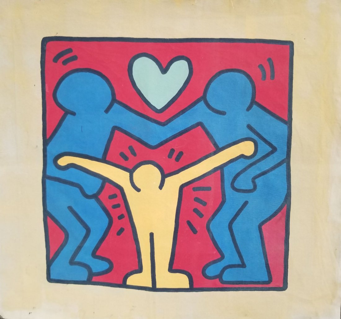 Keith Haring painting on canvas: Keith Haring painting on canvas unstretched. This painting is being sold in the manner of the artist. The painting does not have a Certificate of Authenticity, providence, or other documents. Sold as-