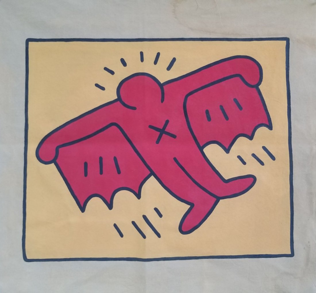 Keith Haring painting on canvas: Keith Haring painting on canvas unstretched. This painting is being sold in the manner of the artist. The painting does not have a Certificate of Authenticity, providence, or other documents. Sold as-