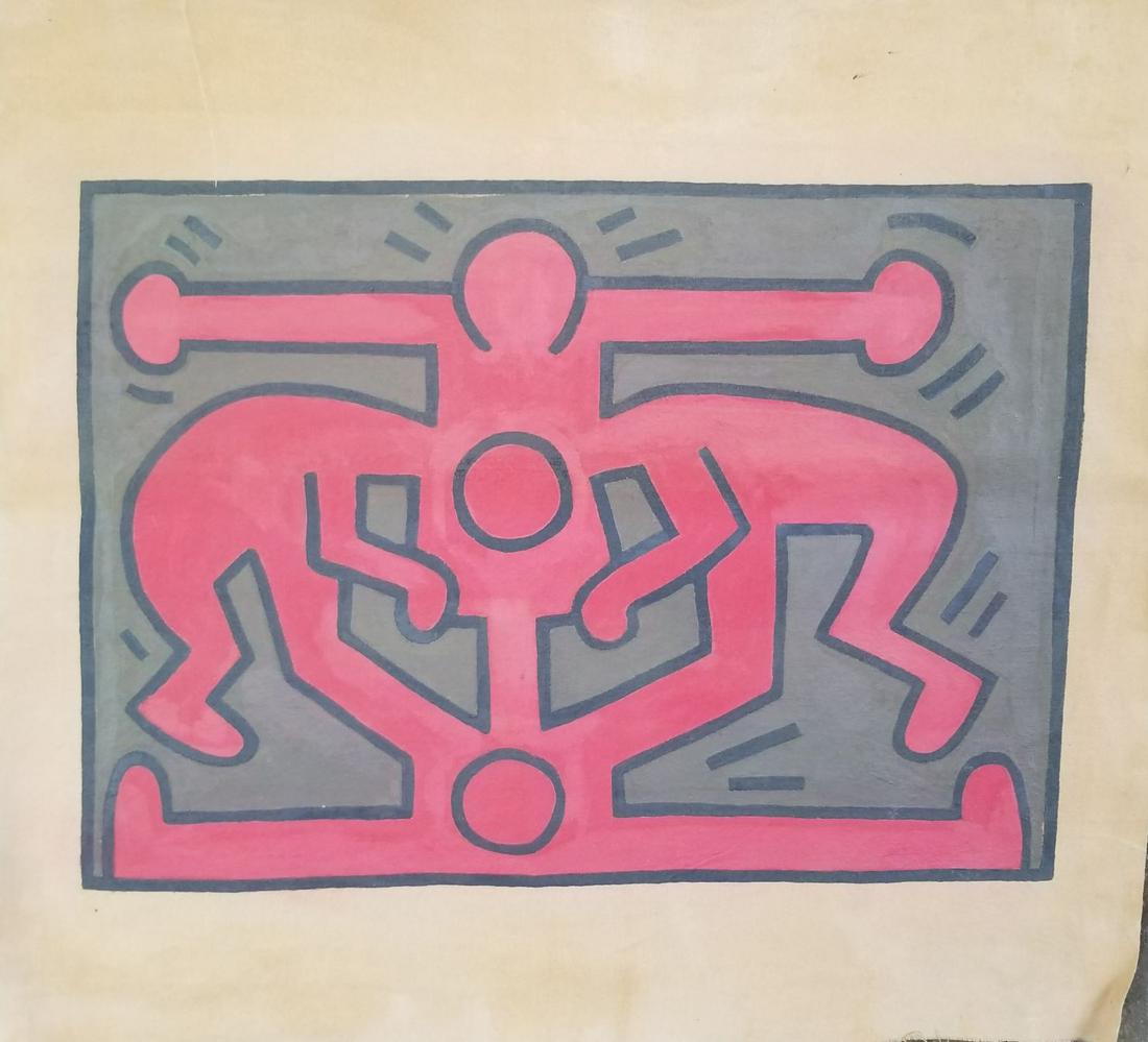 Keith Haring painting on canvas: Keith Haring painting on canvas unstretched. This painting is being sold in the manner of the artist. The painting does not have a Certificate of Authenticity, providence, or other documents. Sold as-