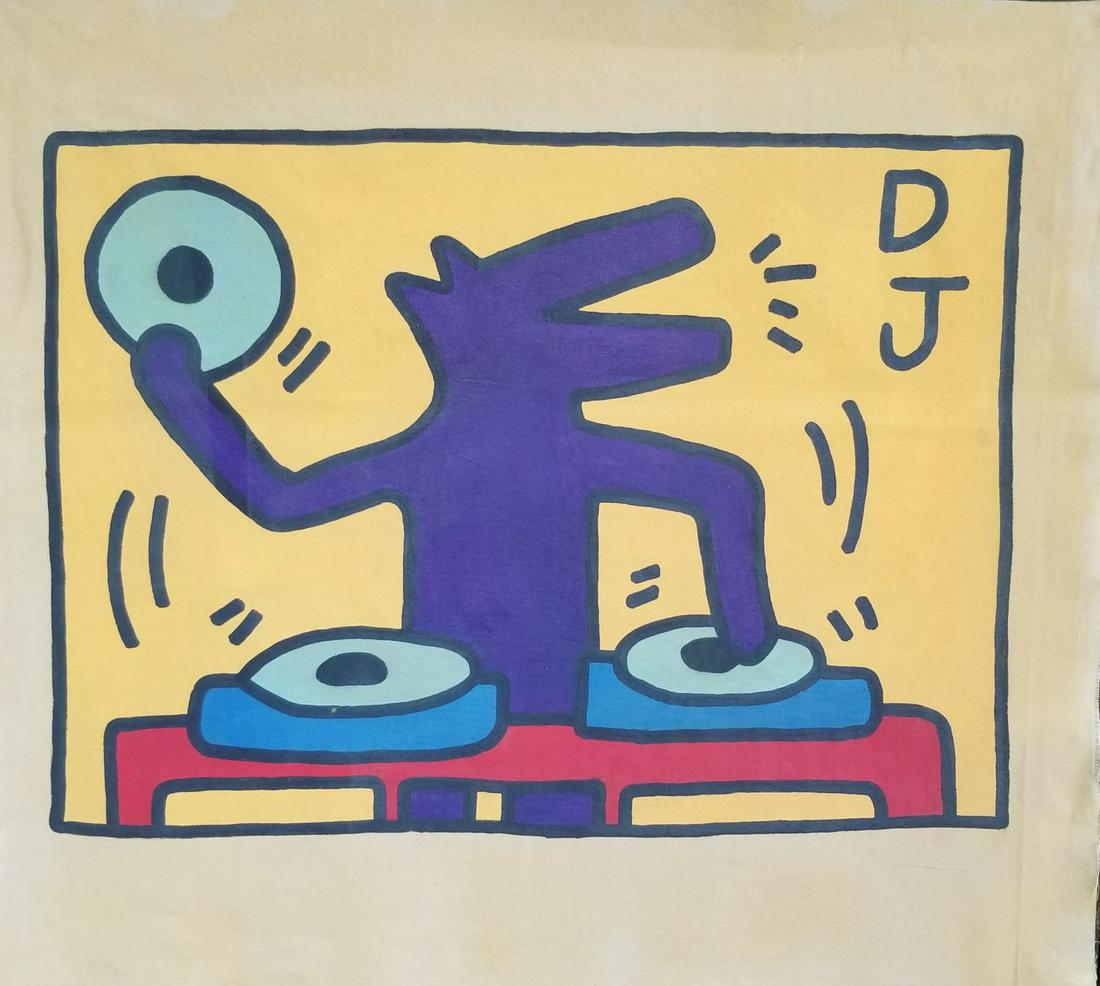 Keith Haring painting on canvas: Keith Haring painting on canvas unstretched. Private Collection. This painting is being sold in the manner of the artist. The painting does not have a Certificate of Authenticity, providence, or other