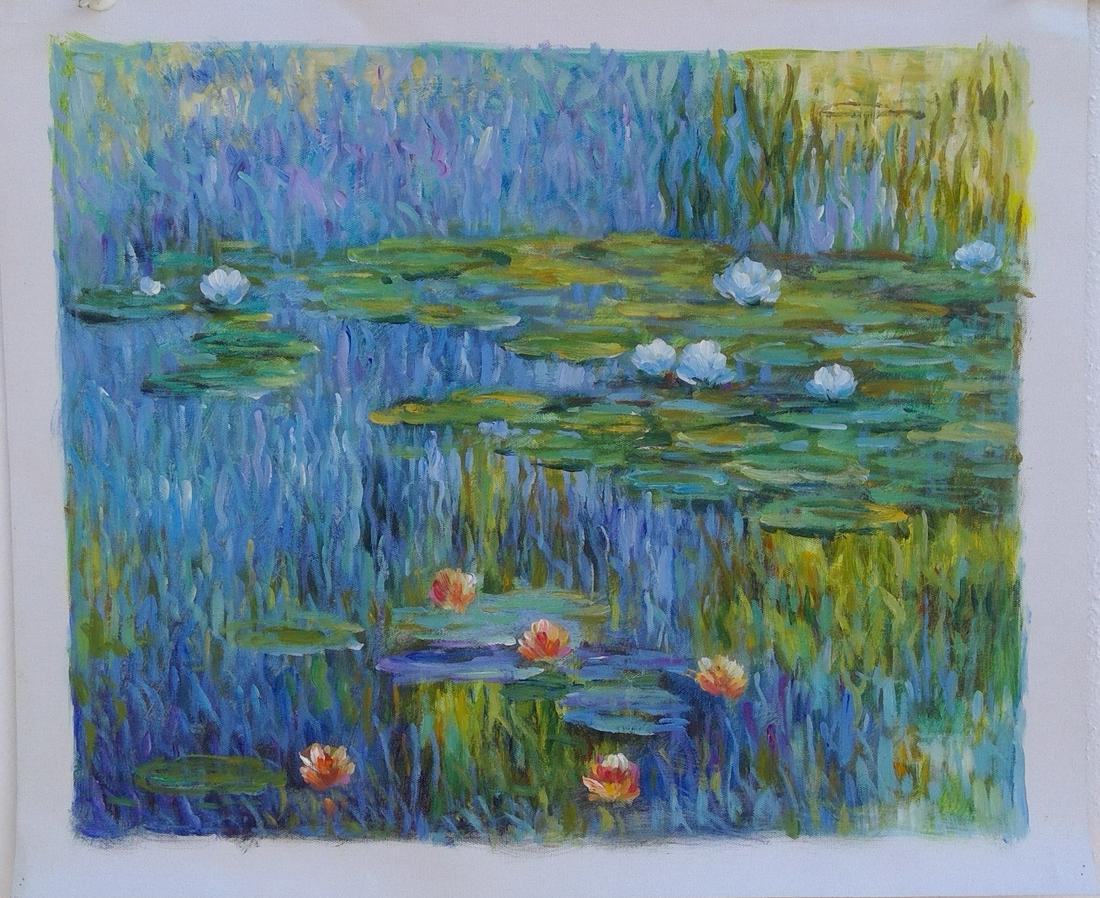 In the style of Claude Monet Expressionism Oil Painting: In the style of Claude Monet Expressionism Oil Painting on Canvas Unstretched. Canvas Size: 19 x 22 1/2 inches. The painting does not have a Certificate of Authenticity, providence, or other documents