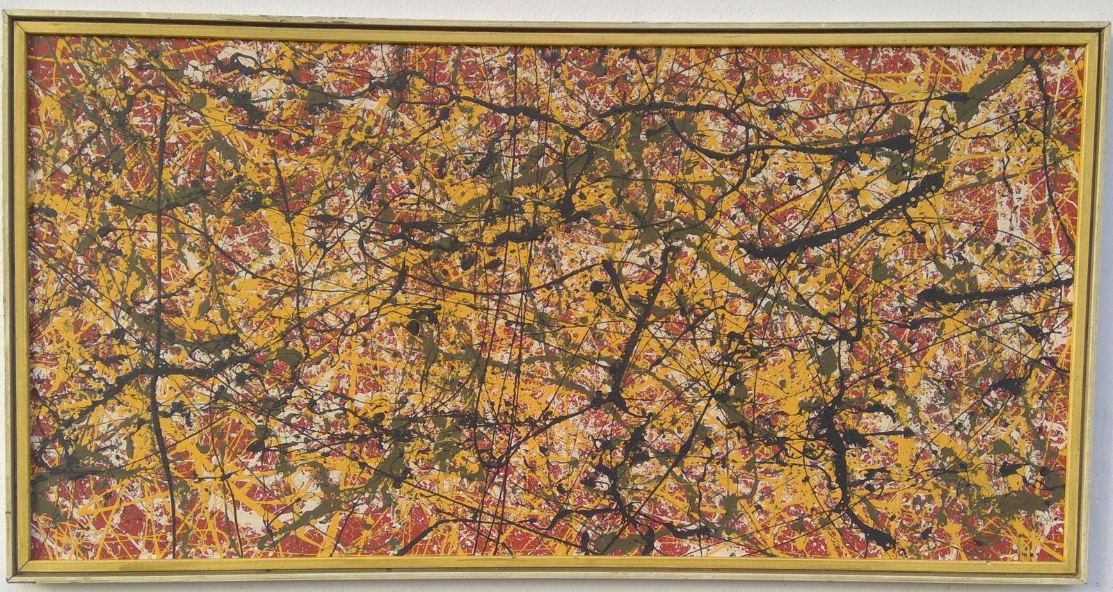In the Style of Jackson Pollock Abstract Painting on: In the Style of Jackson Pollock Abstract Painting on Canvas. Frame Size: 49 1/2 x 26 inches. The painting does not have a Certificate of Authenticity, providence, or other documents. Sold as-is. In th