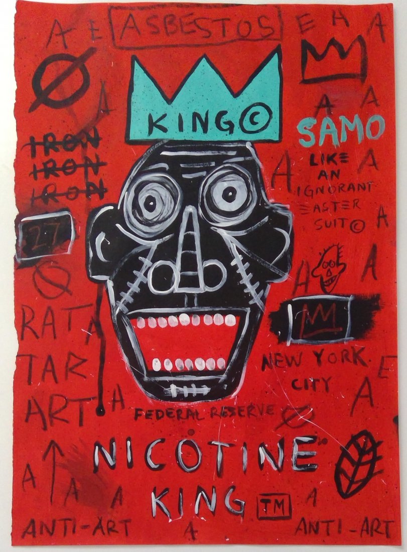 Jean-Michel Basquiat Mixed Media Painting: In the style of Jean-Michel Basquiat Mixed Media Painting on Paper. Size: 11 1/2 x 16 1/2 inches. The painting does not have a Certificate of Authenticity, providence, or other documents. Sold as-is. 