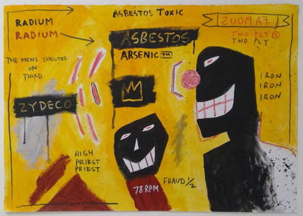 Jean-Michel Basquiat Mixed Media Painting: In the style of Jean-Michel Basquiat Mixed Media Painting on Paper. Size: 16 1/2 x 11 1/2 inches. The painting does not have a Certificate of Authenticity, providence, or other documents. Sold