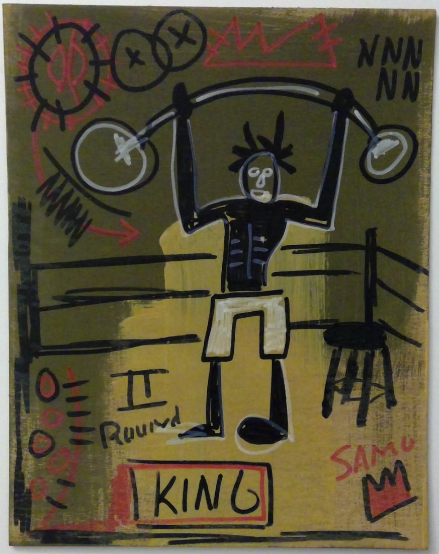 Jean-Michel Basquiat Painting in the manner of: Abstract Contemporary Expressionism Painting Jean-Michel Basquiat Mixed Technique. Size: 8 x 10 inches. This painting is being sold in the manner of the artist. The painting does not have a Certificat