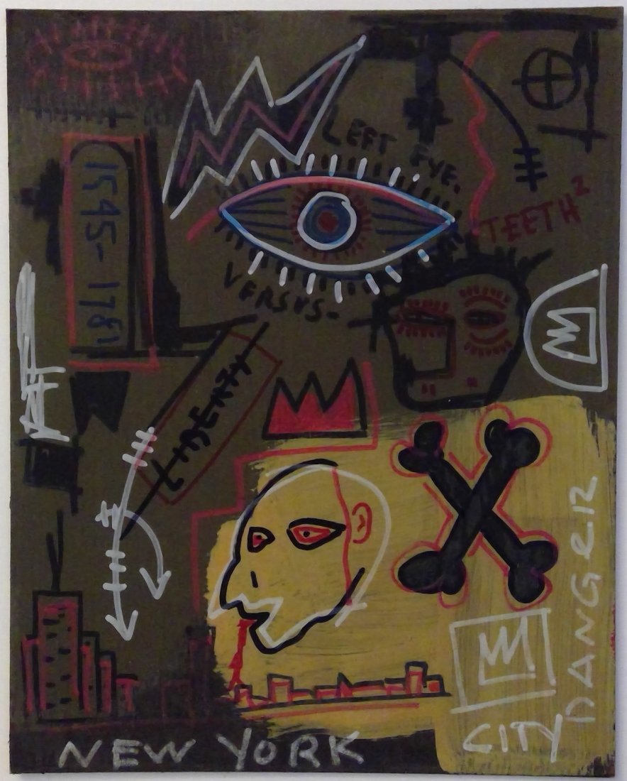 Jean-Michel Basquiat Painting in the manner of: Abstract Contemporary Expressionism Painting Jean-Michel Basquiat Mixed Technique. Size: 8 x 10 inches. This painting is being sold in the manner of the artist. The painting does not have a Certificat