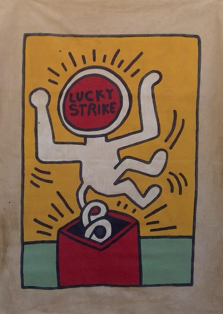 Keith Haring painting in the manner of: Keith Haring painting on canvas unstretched. This painting is being sold in the manner of the artist. The painting does not have a Certificate of Authenticity, providence, or other documents. Sold as-